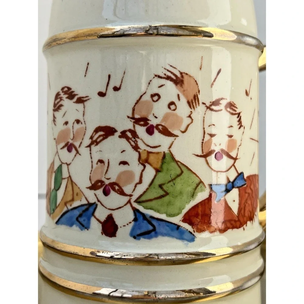 Beer Stein Barbershop Quartet Musical Theme Ceramic Gold Trim Vintage 5 5 inch